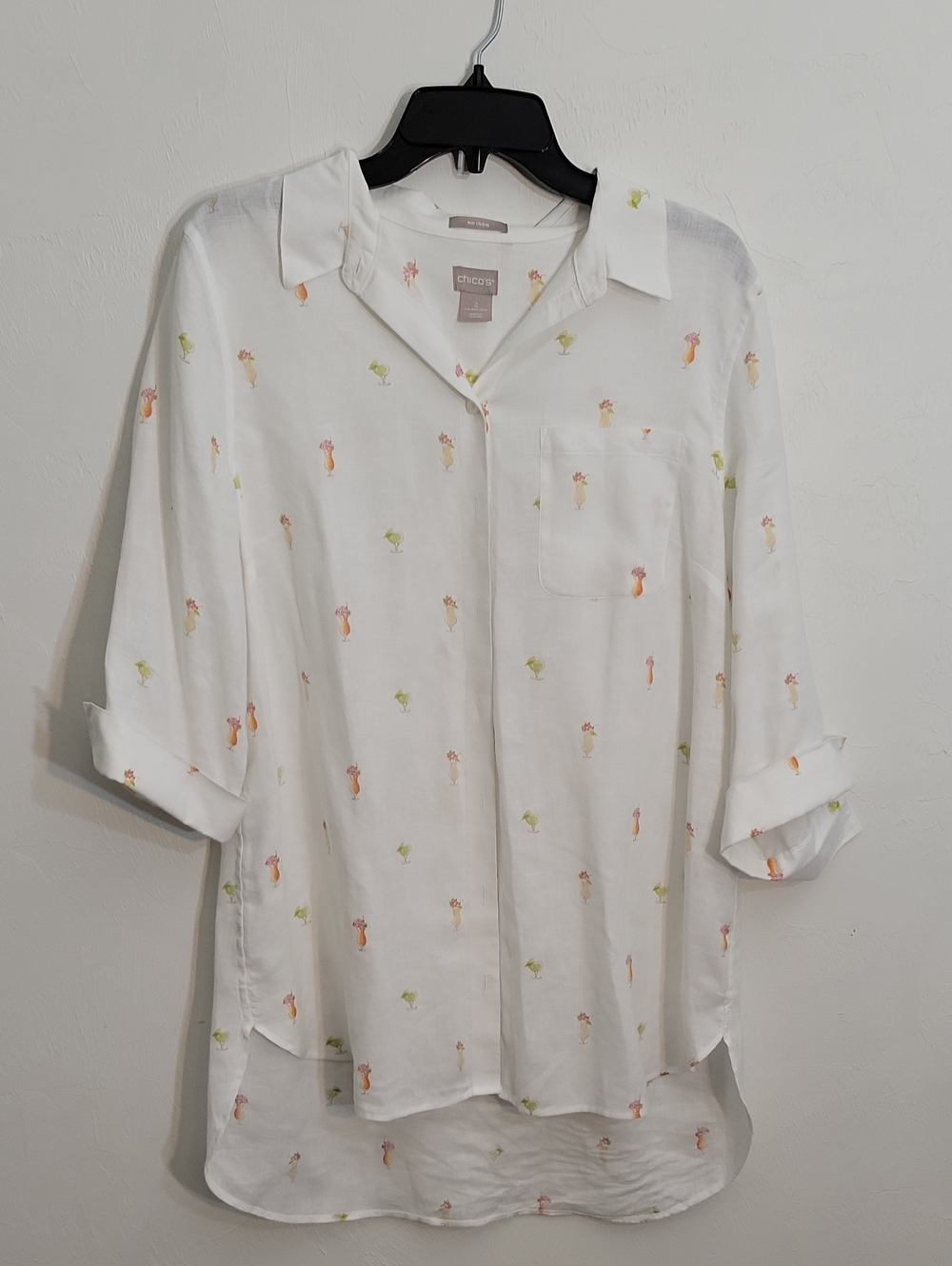 Chico's White Button-Front Blouse with Tiny Pastel Cocktail Motif